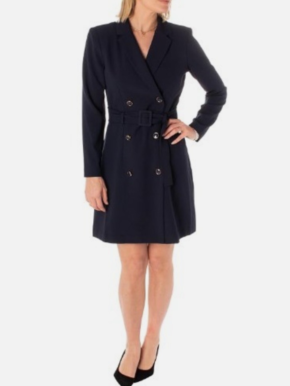 Taylor Navy Double-Breasted Belted Blazer Dress